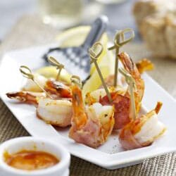 King Prawns in Beef Bacon with Red Pepper Dip